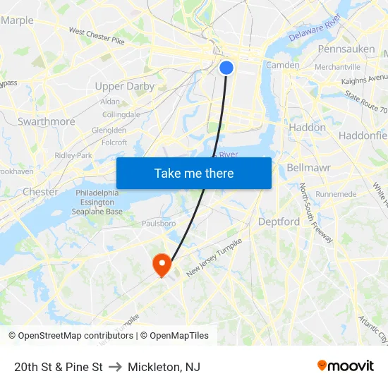 20th St & Pine St to Mickleton, NJ map