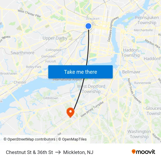 Chestnut St & 36th St to Mickleton, NJ map