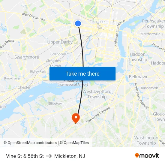Vine St & 56th St to Mickleton, NJ map