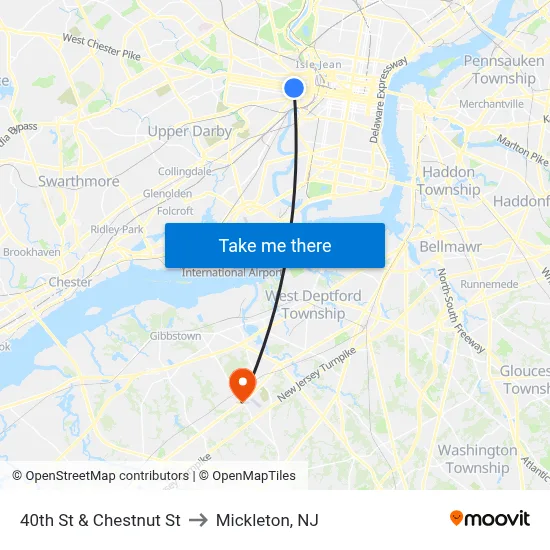 40th St & Chestnut St to Mickleton, NJ map