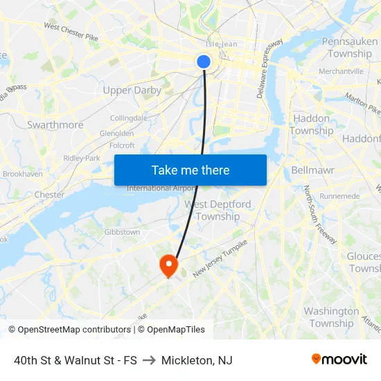 40th St & Walnut St - FS to Mickleton, NJ map