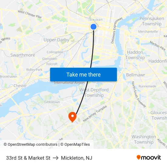 33rd St & Market St to Mickleton, NJ map