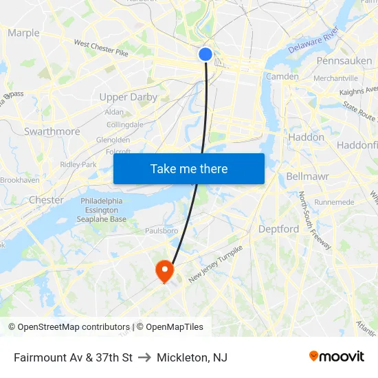 Fairmount Av & 37th St to Mickleton, NJ map