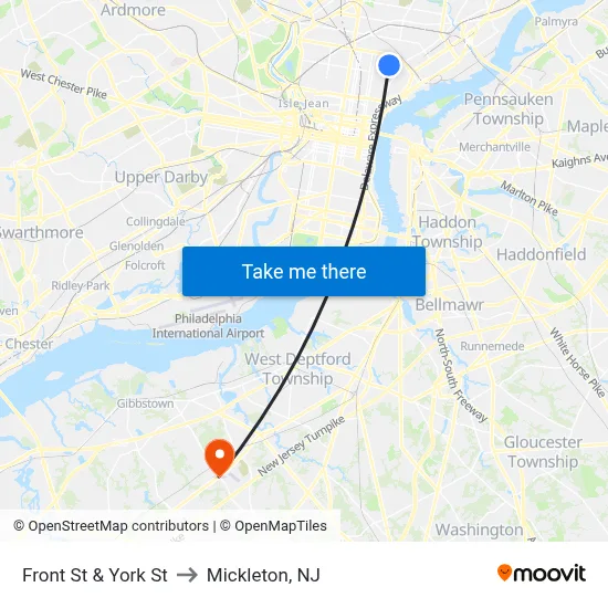 Front St & York St to Mickleton, NJ map