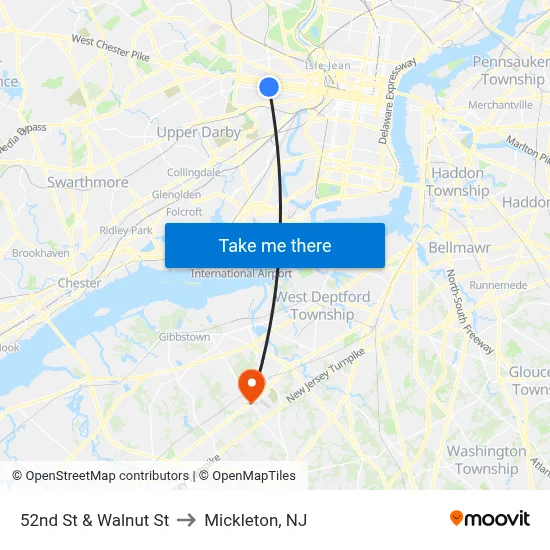 52nd St & Walnut St to Mickleton, NJ map