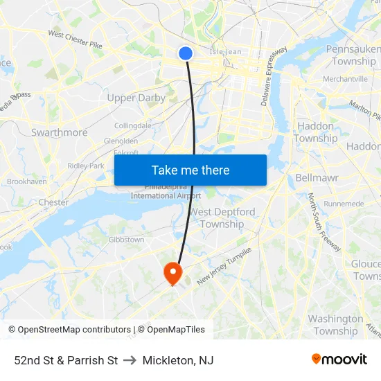52nd St & Parrish St to Mickleton, NJ map