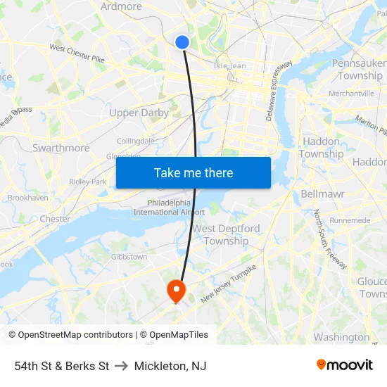54th St & Berks St to Mickleton, NJ map