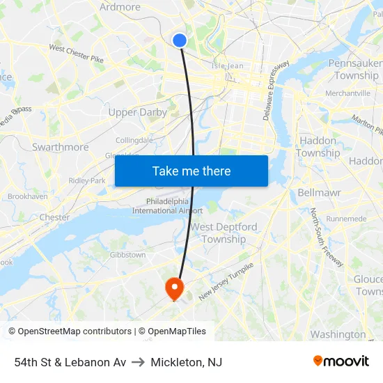 54th St & Lebanon Av to Mickleton, NJ map