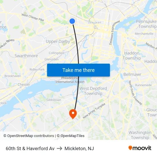 60th St & Haverford Av to Mickleton, NJ map
