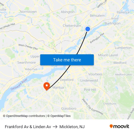 Frankford Av & Linden Av to Mickleton, NJ map
