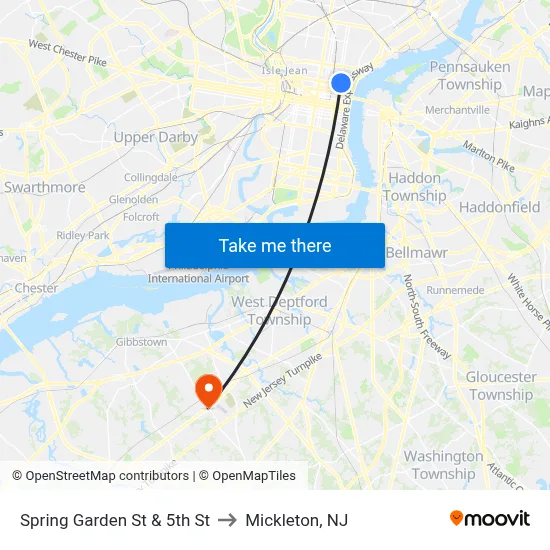 Spring Garden St & 5th St to Mickleton, NJ map