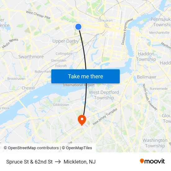 Spruce St & 62nd St to Mickleton, NJ map