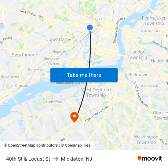40th St & Locust St to Mickleton, NJ map