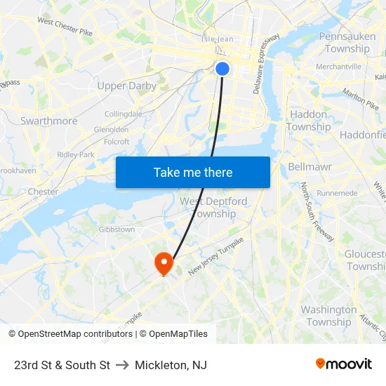 23rd St & South St to Mickleton, NJ map