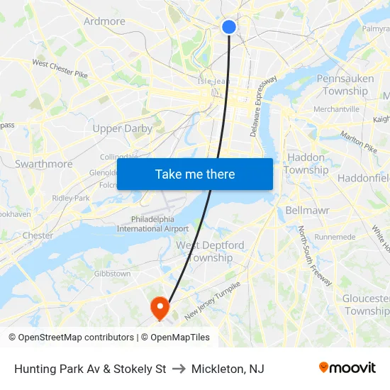 Hunting Park Av & Stokely St to Mickleton, NJ map