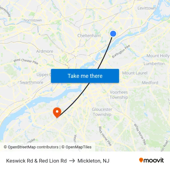 Keswick Rd & Red Lion Rd to Mickleton, NJ map