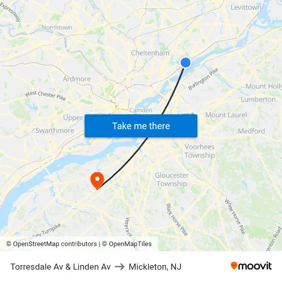 Torresdale Av & Linden Av to Mickleton, NJ map