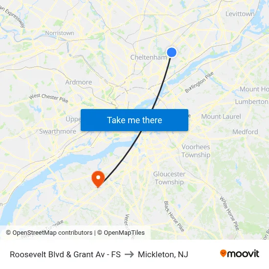 Roosevelt Blvd & Grant Av - FS to Mickleton, NJ map