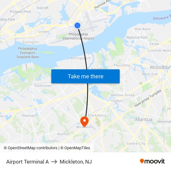 Airport Terminal A to Mickleton, NJ map
