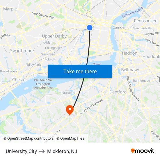 University City to Mickleton, NJ map