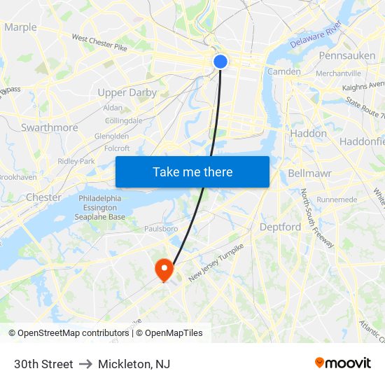 30th Street to Mickleton, NJ map