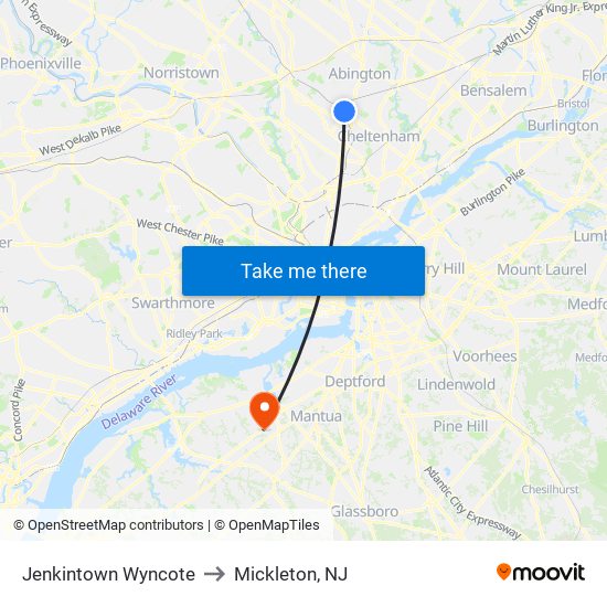 Jenkintown Wyncote to Mickleton, NJ map