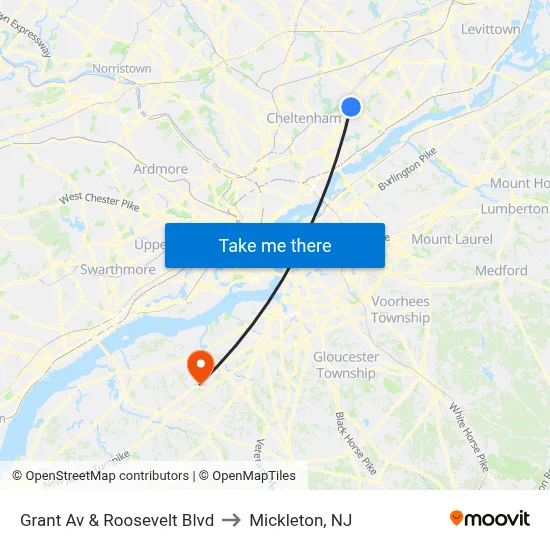 Grant Av & Roosevelt Blvd to Mickleton, NJ map