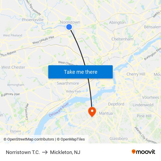 Norristown T.C. to Mickleton, NJ map