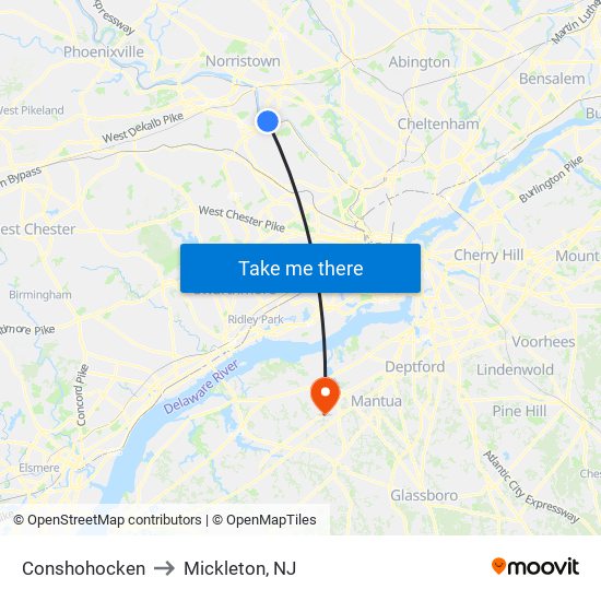Conshohocken to Mickleton, NJ map