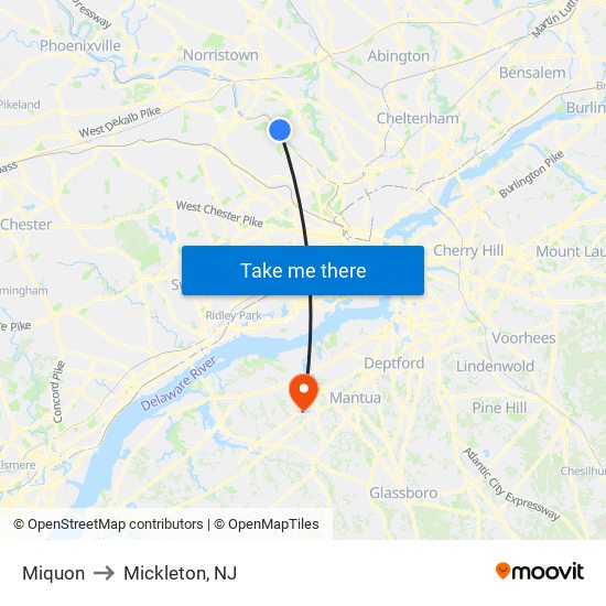 Miquon to Mickleton, NJ map