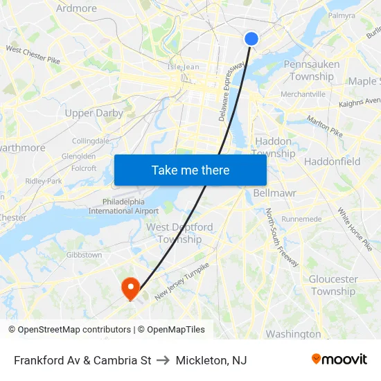 Frankford Av & Cambria St to Mickleton, NJ map