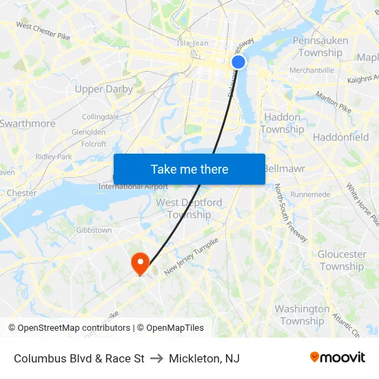 Columbus Blvd & Race St to Mickleton, NJ map