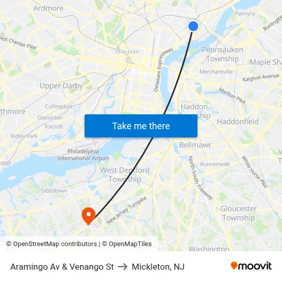 Aramingo Av & Venango St to Mickleton, NJ map