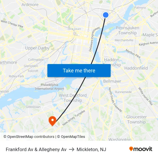 Frankford Av & Allegheny Av to Mickleton, NJ map