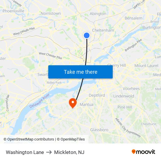 Washington Lane to Mickleton, NJ map