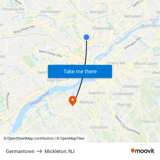 Germantown to Mickleton, NJ map
