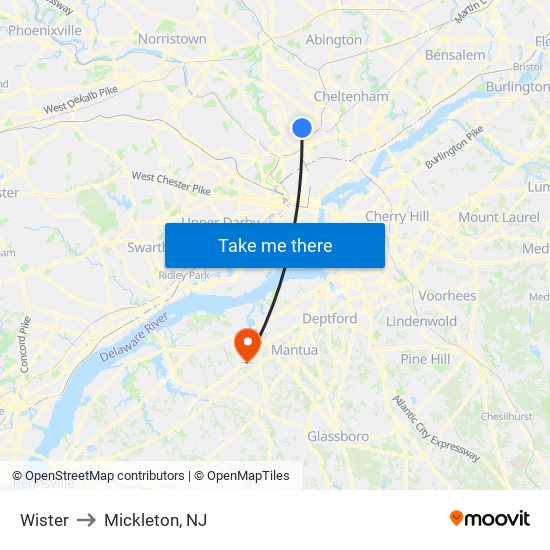 Wister to Mickleton, NJ map