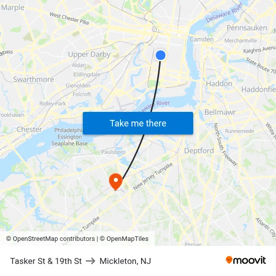 Tasker St & 19th St to Mickleton, NJ map
