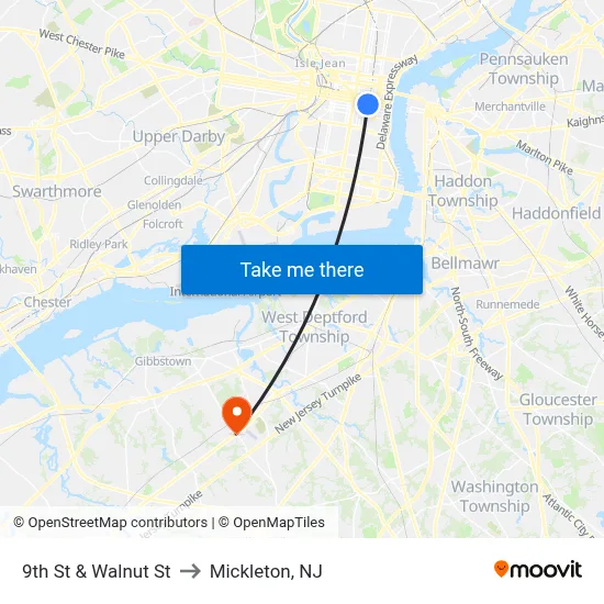 9th St & Walnut St to Mickleton, NJ map
