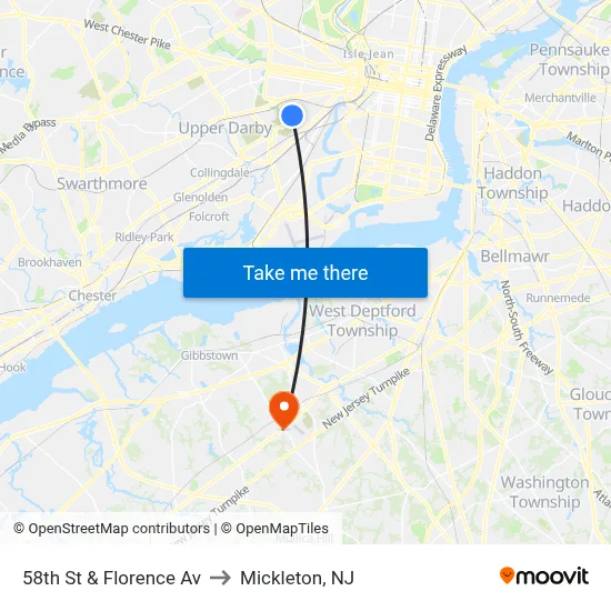 58th St & Florence Av to Mickleton, NJ map