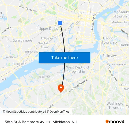 58th St & Baltimore Av to Mickleton, NJ map