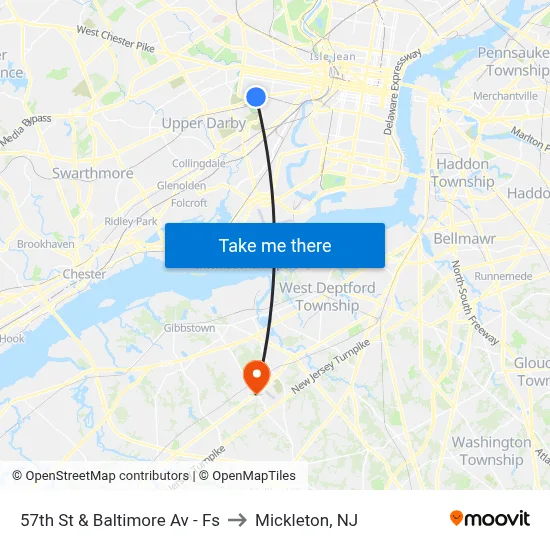 57th St & Baltimore Av - Fs to Mickleton, NJ map