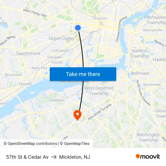 57th St & Cedar Av to Mickleton, NJ map