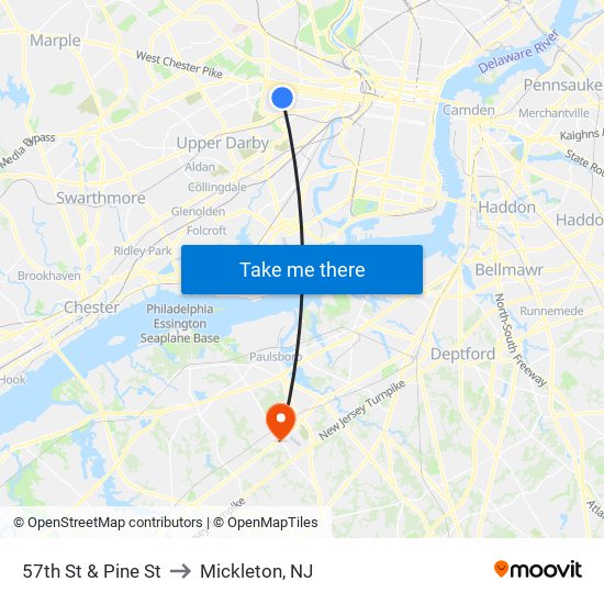 57th St & Pine St to Mickleton, NJ map