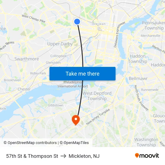 57th St & Thompson St to Mickleton, NJ map