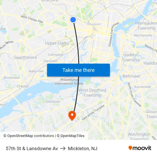 57th St & Lansdowne Av to Mickleton, NJ map