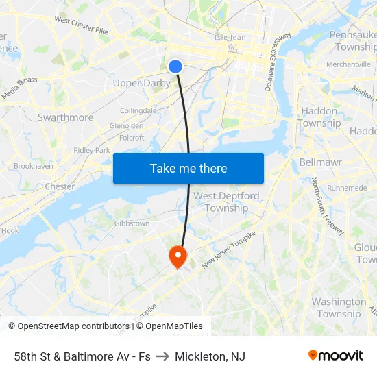 58th St & Baltimore Av - Fs to Mickleton, NJ map