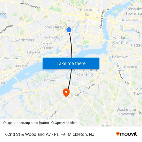 62nd St & Woodland Av - Fs to Mickleton, NJ map