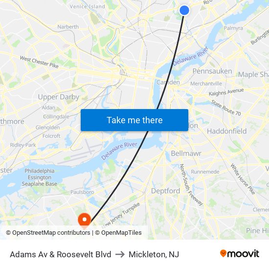 Adams Av & Roosevelt Blvd to Mickleton, NJ map