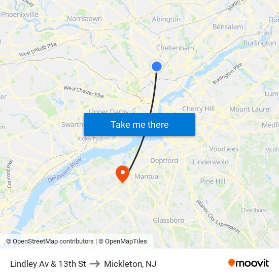 Lindley Av & 13th St to Mickleton, NJ map